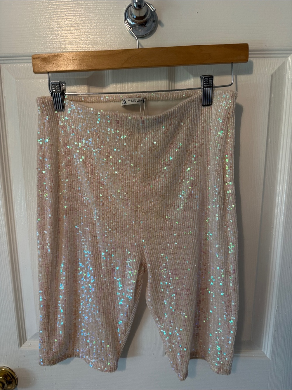 Zara Iridescent Sequin Bike Shorts in Light Pink L NWOT